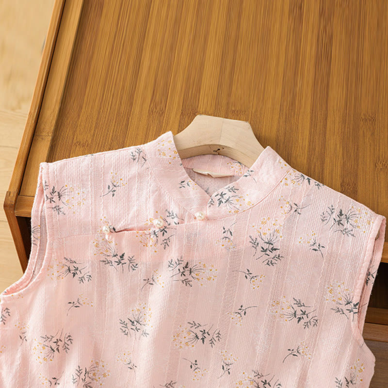 Buddha Stones Retro-Druck Blumenpflanzenmuster Chinesisches Froschknopf-Design Ärmellose Damen-Baumwollweste - image 12