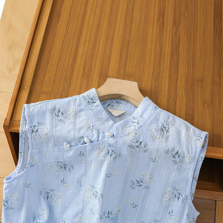 Buddha Stones Retro-Druck Blumenpflanzenmuster Chinesisches Froschknopf-Design Ärmellose Damen-Baumwollweste - image 27