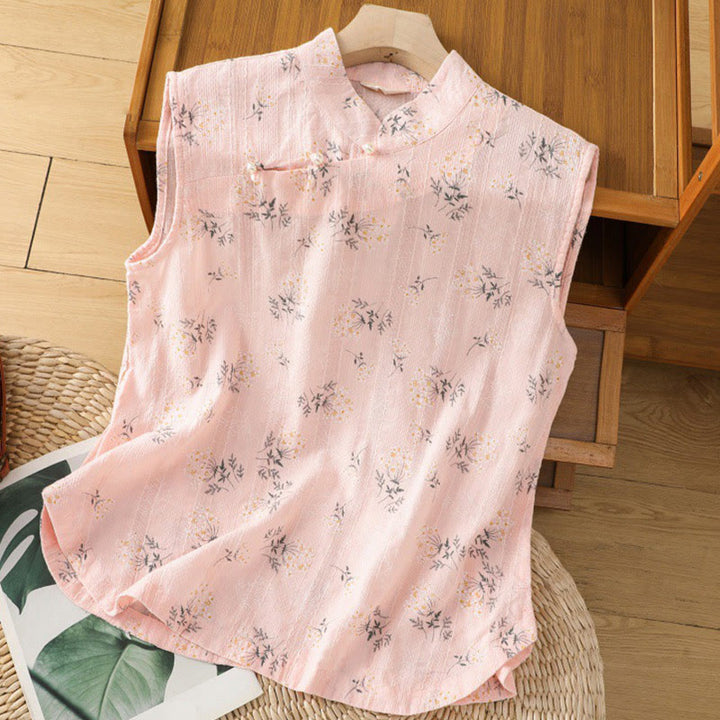 Buddha Stones Retro-Druck Blumenpflanzenmuster Chinesisches Froschknopf-Design Ärmellose Damen-Baumwollweste - Rosa - US8-10， UK/AU12-14，EU40-42 (2XL) - image 10