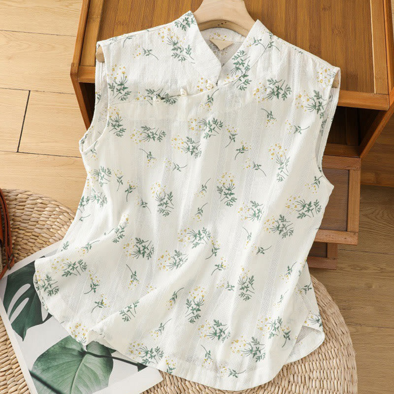 Buddha Stones Retro-Druck Blumenpflanzenmuster Chinesisches Froschknopf-Design Ärmellose Damen-Baumwollweste - Weiß - US8-10， UK/AU12-14，EU40-42 (2XL) - image 0