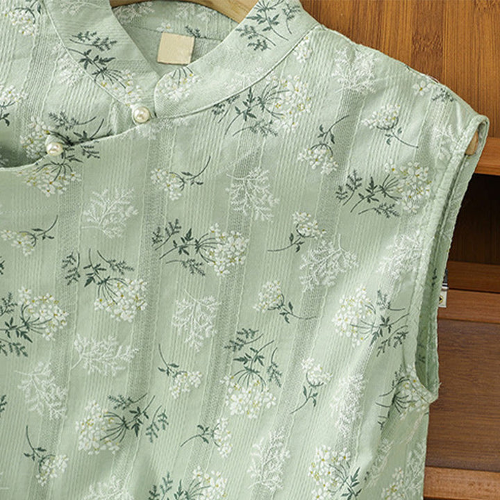 Buddha Stones Retro-Druck Blumenpflanzenmuster Chinesisches Froschknopf-Design Ärmellose Damen-Baumwollweste - image 21