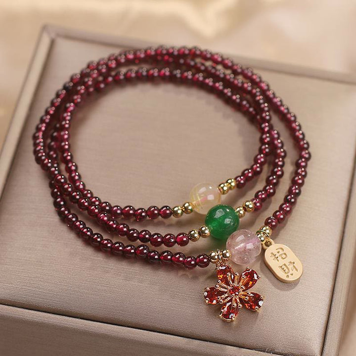 Buddha Stones Natürliche 3 mm ultradünne Granatperlen Kirschblütenblüte zieht Glücksschutz an Mehrschichtiges Armband