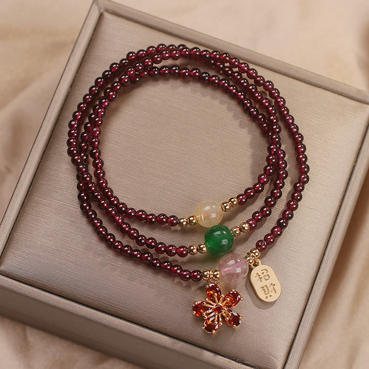 Buddha Stones Natürliche 3 mm ultradünne Granatperlen Kirschblütenblüte zieht Glücksschutz an Mehrschichtiges Armband