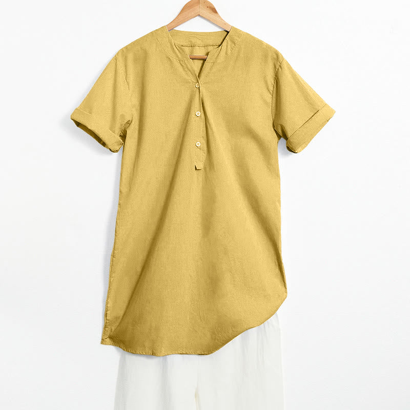 Buddha Stones Lässiges, schlichtes Damen-Kurzarmhemd mit Knopfleiste und Reverskragen - Goldrute - US20， UK/AU24，EU52 (5XL) - image 10