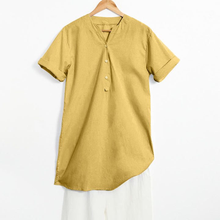 Buddha Stones Lässiges, schlichtes Damen-Kurzarmhemd mit Knopfleiste und Reverskragen - Goldrute - US20， UK/AU24，EU52 (5XL) - image 10