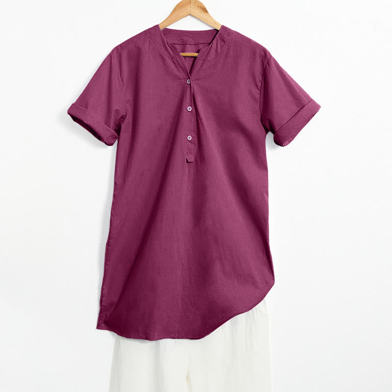 Buddha Stones Lässiges, schlichtes Damen-Kurzarmhemd mit Knopfleiste und Reverskragen - MittelViolettRot - US20， UK/AU24，EU52 (5XL) - image 20