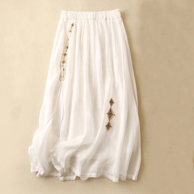Buddha Stones, ethnisches Vintage-Stickerei-Knopf-Design, Damen-Baumwoll-Leinen-Rock in 7–8 Länge - Weiß - US 8-10, UK/AU 12-14, EU 40-42 (2XL) - image 5