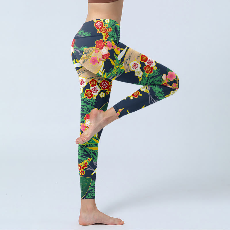 Buddha Stones, rote Blumen, gelbgrün, Bambus, Kiefernbäume, Print, Gym-Leggings, Damen-Yogahose - image 3