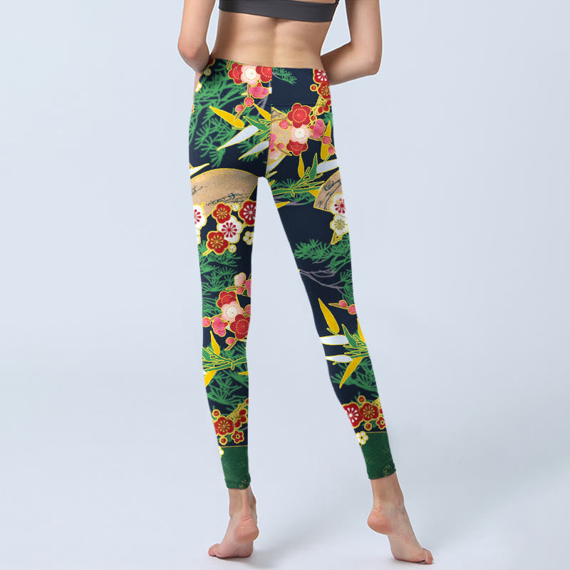 Buddha Stones, rote Blumen, gelbgrün, Bambus, Kiefernbäume, Print, Gym-Leggings, Damen-Yogahose - image 6