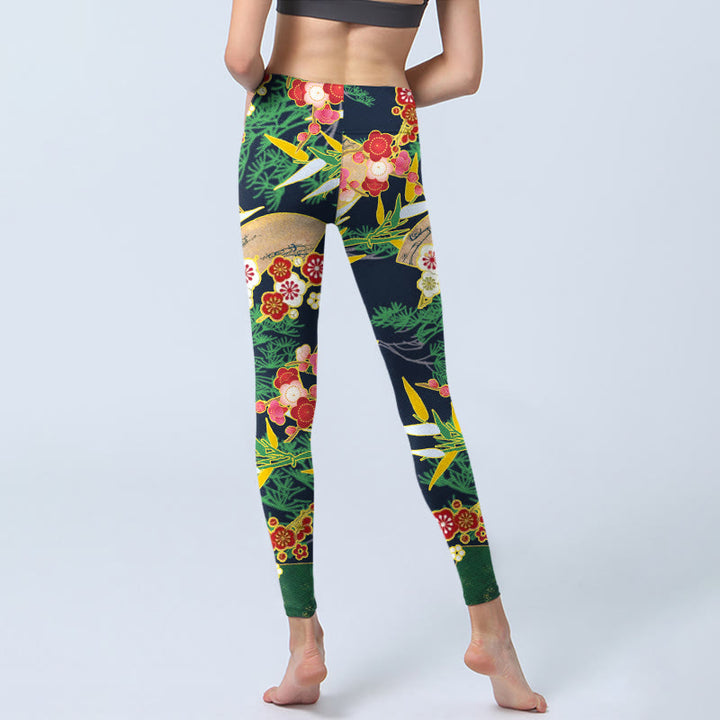Buddha Stones, rote Blumen, gelbgrün, Bambus, Kiefernbäume, Print, Gym-Leggings, Damen-Yogahose - image 7