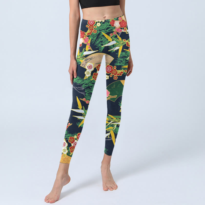 Buddha Stones, rote Blumen, gelbgrün, Bambus, Kiefernbäume, Print, Gym-Leggings, Damen-Yogahose - image 6