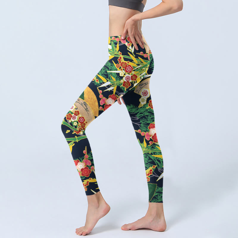 Buddha Stones, rote Blumen, gelbgrün, Bambus, Kiefernbäume, Print, Gym-Leggings, Damen-Yogahose - image 2