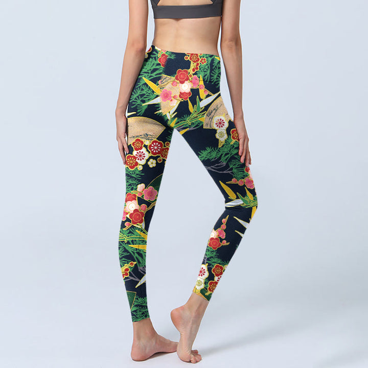 Buddha Stones, rote Blumen, gelbgrün, Bambus, Kiefernbäume, Print, Gym-Leggings, Damen-Yogahose - image 4