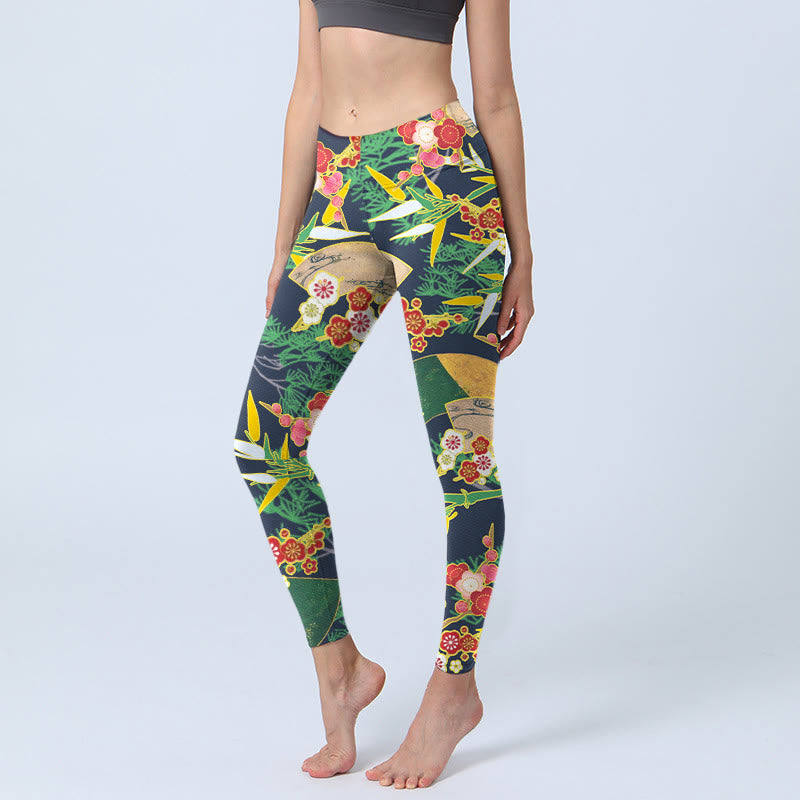 Buddha Stones, rote Blumen, gelbgrün, Bambus, Kiefernbäume, Print, Gym-Leggings, Damen-Yogahose - Mittelseegrün - US18, UK/AU22, EU50 (4XL) - image 0