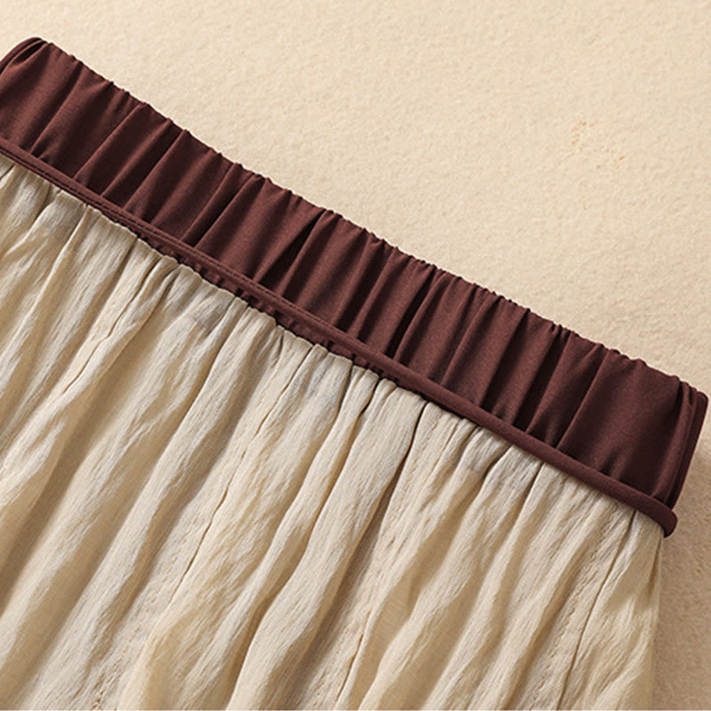 Buddha Stones Lässiger Damen-Rock aus Baumwolle und Leinen in Kontrastfarbe mit Plissee und Schnürung in der Länge 7–8 - image 4