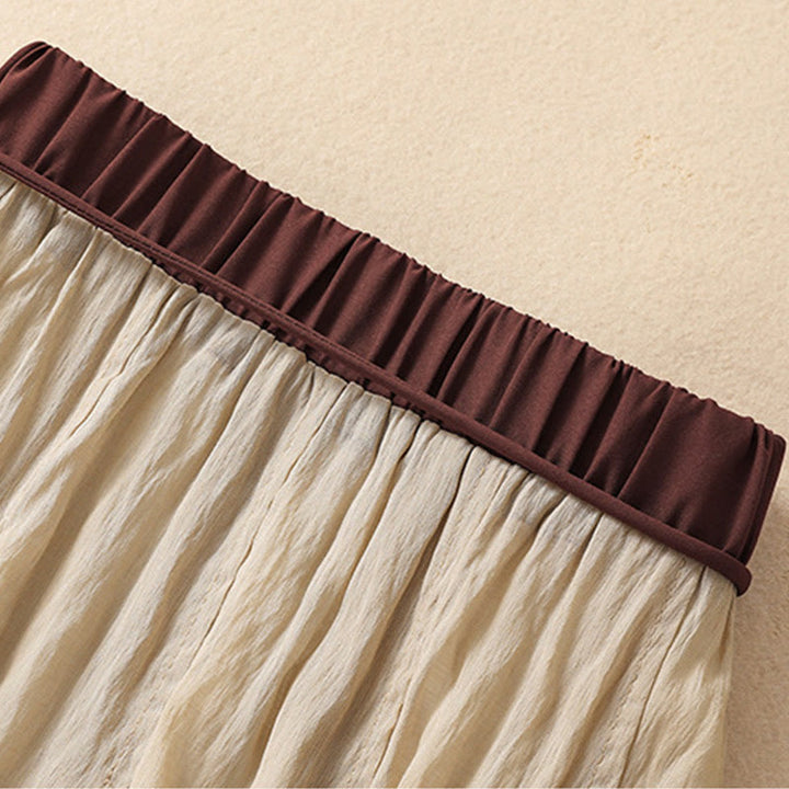 Buddha Stones Lässiger Damen-Rock aus Baumwolle und Leinen in Kontrastfarbe mit Plissee und Schnürung in der Länge 7–8 - image 4