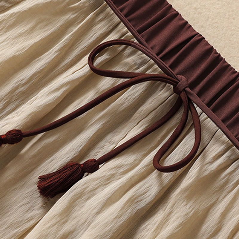 Buddha Stones Lässiger Damen-Rock aus Baumwolle und Leinen in Kontrastfarbe mit Plissee und Schnürung in der Länge 7–8 - image 3