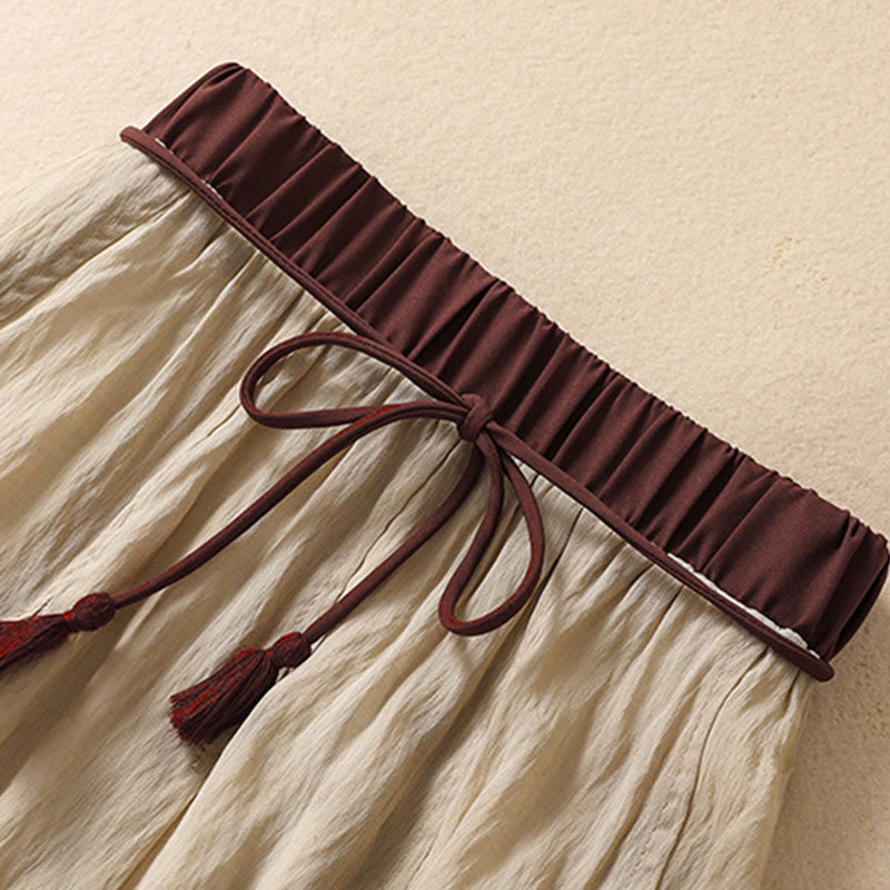 Buddha Stones Lässiger Damen-Rock aus Baumwolle und Leinen in Kontrastfarbe mit Plissee und Schnürung in der Länge 7–8 - image 2