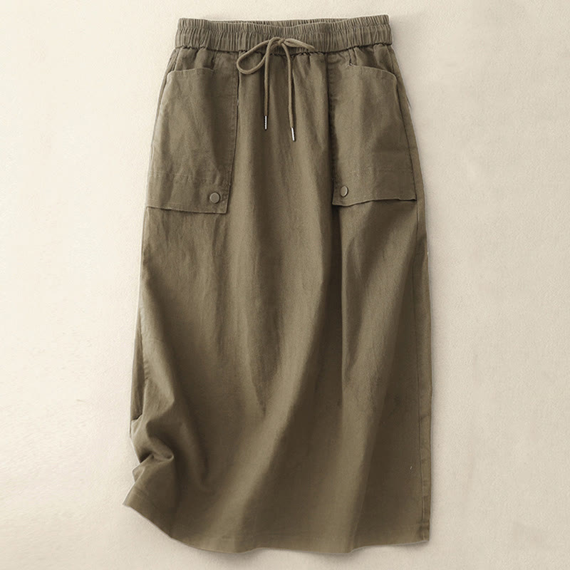Buddha Stones Vintage Plain Kordelzug Knopf Design Slide Slite Damen Baumwolle Leinen 7-8 Länge Rock mit Taschen - Olive - US8-10， UK/AU12-14，EU40-42 (2XL) - image 0