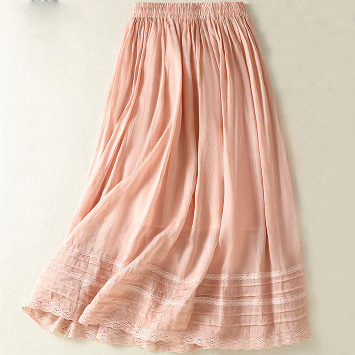 Buddha Stones Sommer-Rock aus einfarbigem Baumwollleinen mit Kordelzug und Spitze und Patchwork-Design für Damen in 7-8 Länge - image 1