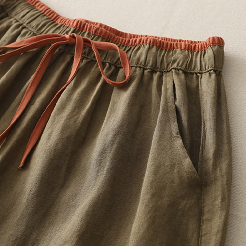 Buddha Stones Lässige Damenhose aus Baumwolle mit weitem Bein und Colorblock-Kordelzug und Taschen - image 1