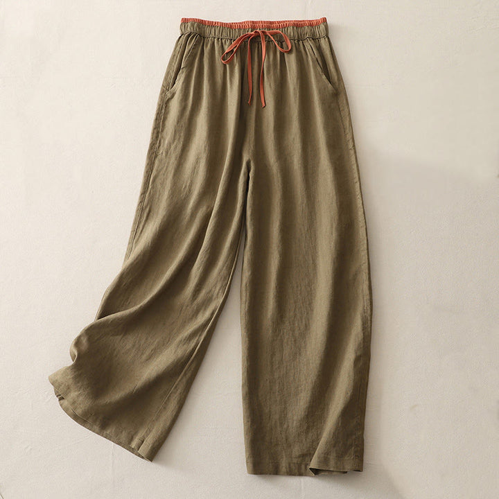 Buddha Stones Lässige Damenhose aus Baumwolle mit weitem Bein und Colorblock-Kordelzug und Taschen