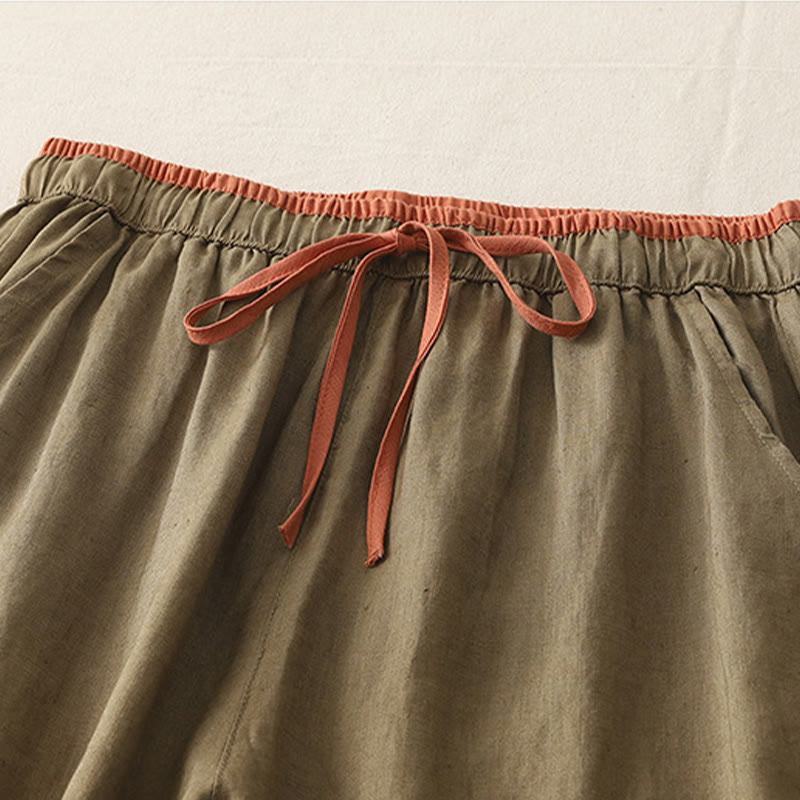 Buddha Stones Lässige Damenhose aus Baumwolle mit weitem Bein und Colorblock-Kordelzug und Taschen