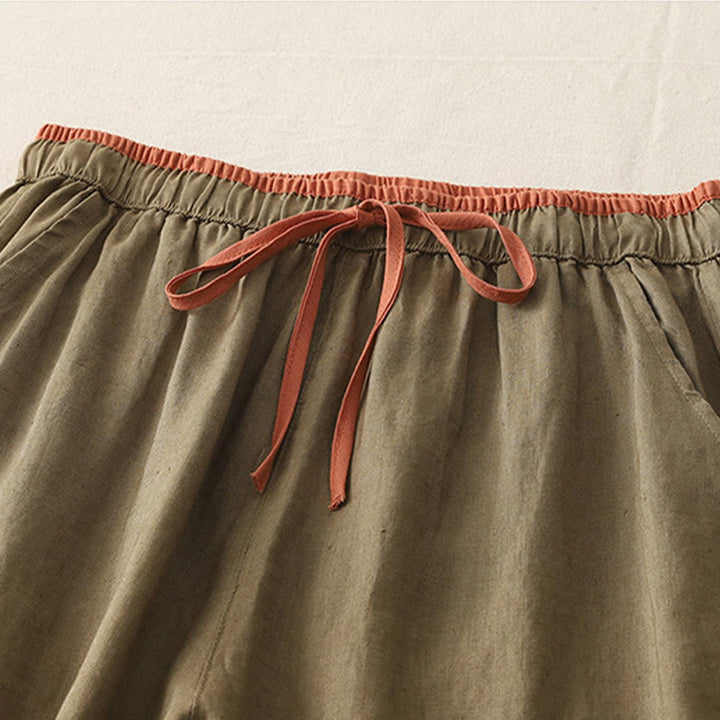 Buddha Stones Lässige Damenhose aus Baumwolle mit weitem Bein und Colorblock-Kordelzug und Taschen