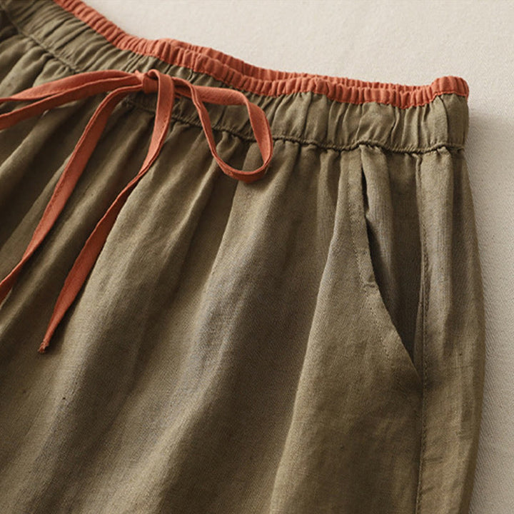 Buddha Stones Lässige Damenhose aus Baumwolle mit weitem Bein und Colorblock-Kordelzug und Taschen - image 1