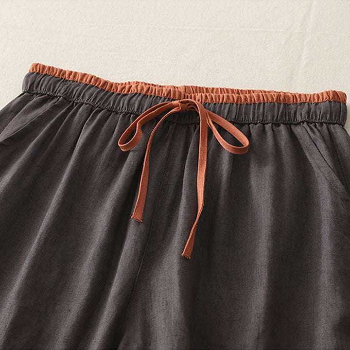 Buddha Stones Lässige Damenhose aus Baumwolle mit weitem Bein und Colorblock-Kordelzug und Taschen