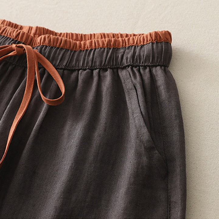 Buddha Stones Lässige Damenhose aus Baumwolle mit weitem Bein und Colorblock-Kordelzug und Taschen