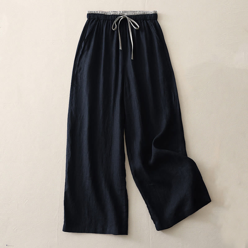 Buddha Stones Lässige Damenhose aus Baumwolle mit weitem Bein und Colorblock-Kordelzug und Taschen