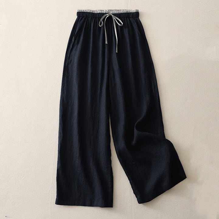 Buddha Stones Lässige Damenhose aus Baumwolle mit weitem Bein und Colorblock-Kordelzug und Taschen
