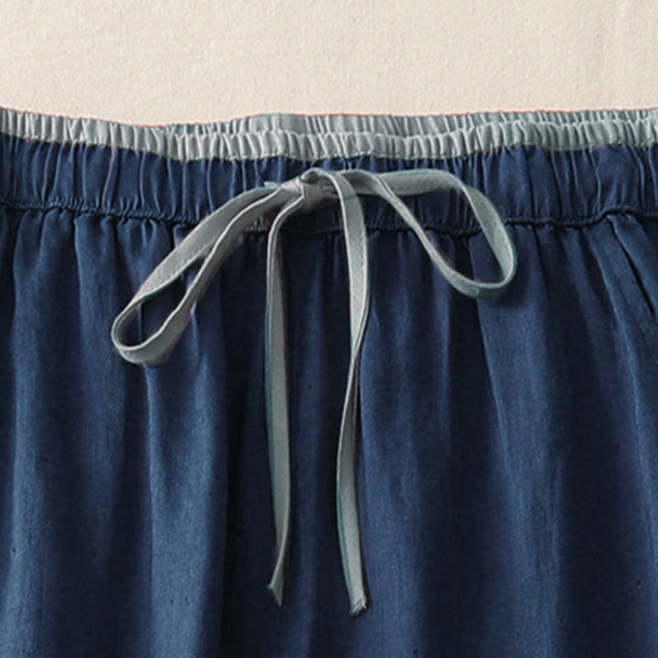 Buddha Stones Lässige Damenhose aus Baumwolle mit weitem Bein und Colorblock-Kordelzug und Taschen