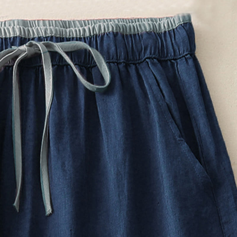 Buddha Stones Lässige Damenhose aus Baumwolle mit weitem Bein und Colorblock-Kordelzug und Taschen