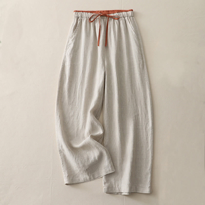 Buddha Stones Lässige Damenhose aus Baumwolle mit weitem Bein und Colorblock-Kordelzug und Taschen