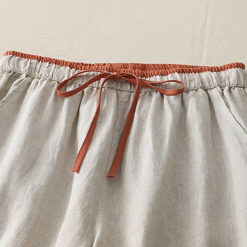 Buddha Stones Lässige Damenhose aus Baumwolle mit weitem Bein und Colorblock-Kordelzug und Taschen