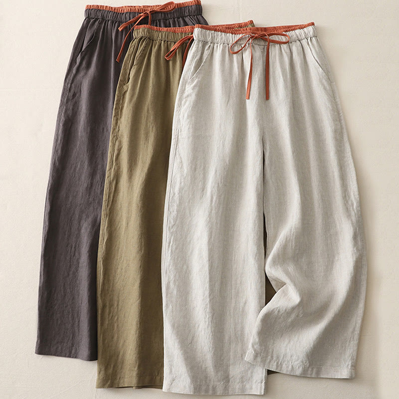 Buddha Stones Lässige Damenhose aus Baumwolle mit weitem Bein und Colorblock-Kordelzug und Taschen