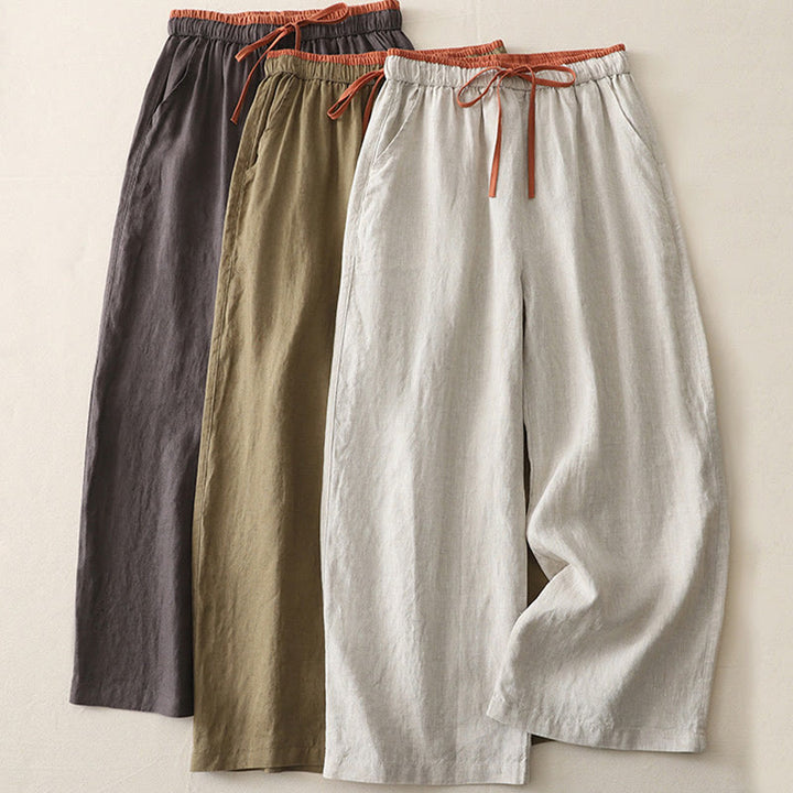 Buddha Stones Lässige Damenhose aus Baumwolle mit weitem Bein und Colorblock-Kordelzug und Taschen