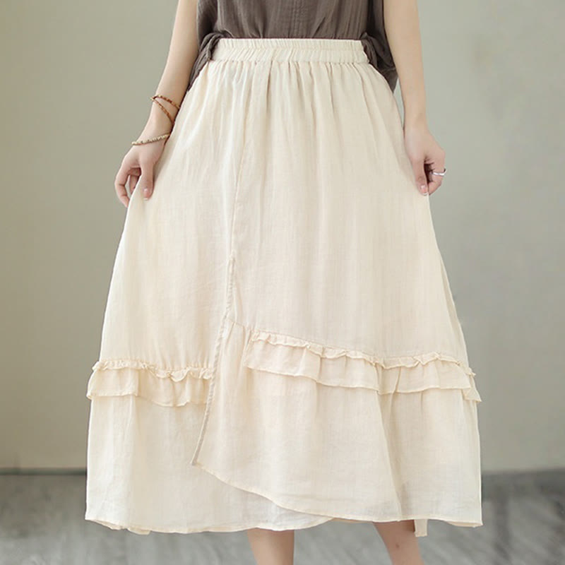 Buddha Stones Vintage Künstlerischer Reiner Farbiger Rüschendesign Unregelmäßiger Damenrock aus Baumwollleinen - image 1