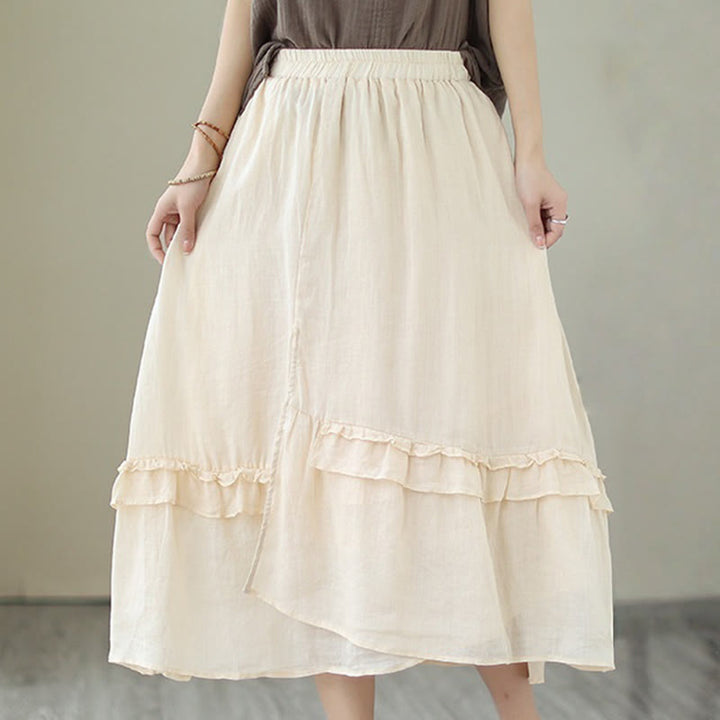 Buddha Stones Vintage Künstlerischer Reiner Farbiger Rüschendesign Unregelmäßiger Damenrock aus Baumwollleinen - image 1