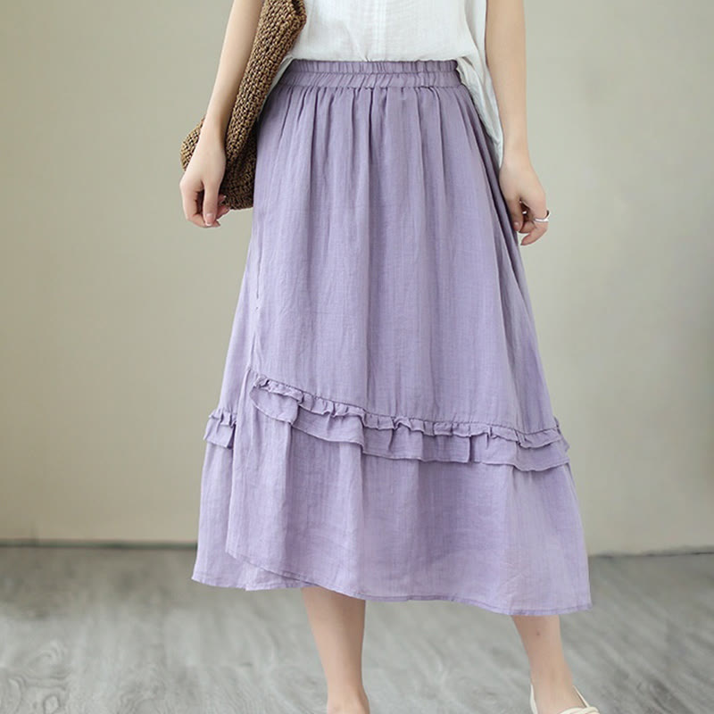 Buddha Stones Vintage Künstlerischer Reiner Farbiger Rüschendesign Unregelmäßiger Damenrock aus Baumwollleinen - image 14