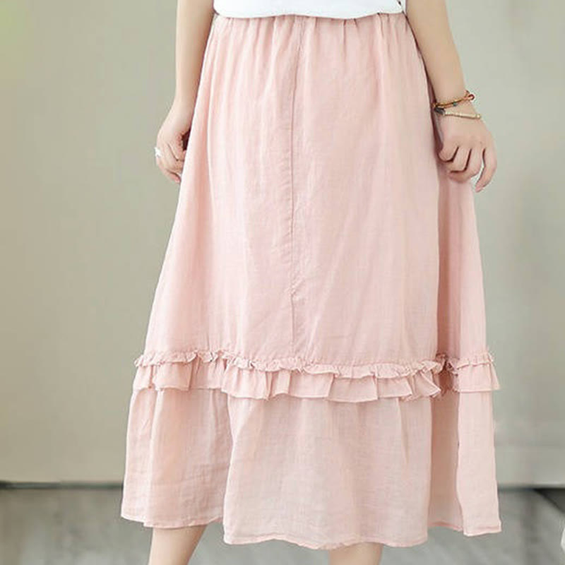 Buddha Stones Vintage Künstlerischer Reiner Farbiger Rüschendesign Unregelmäßiger Damenrock aus Baumwollleinen - image 8