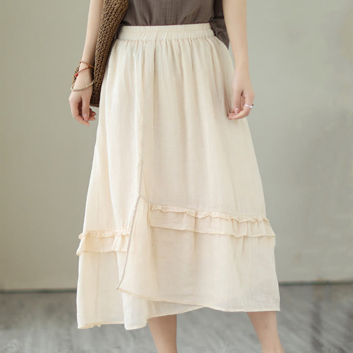 Buddha Stones Vintage Künstlerischer Reiner Farbiger Rüschendesign Unregelmäßiger Damenrock aus Baumwollleinen - Hellgoldgelb - US 8-10, UK/AU 12-14, EU 40-42 (2XL) - image 0