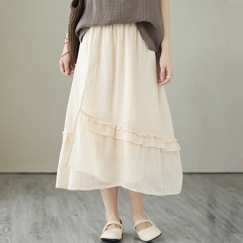 Buddha Stones Vintage Künstlerischer Reiner Farbiger Rüschendesign Unregelmäßiger Damenrock aus Baumwollleinen - image 5