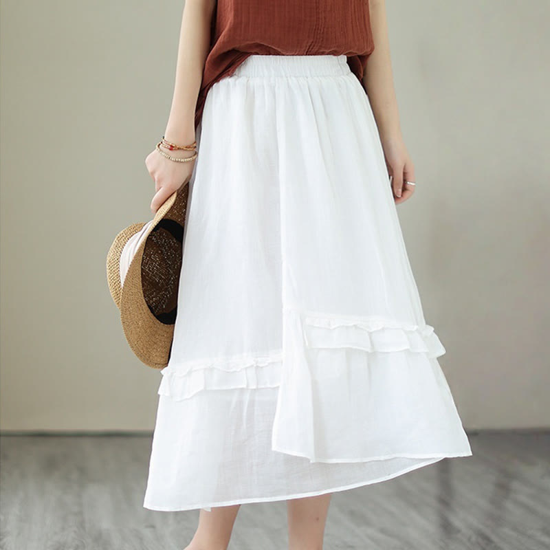 Buddha Stones Vintage Künstlerischer Reiner Farbiger Rüschendesign Unregelmäßiger Damenrock aus Baumwollleinen - image 26