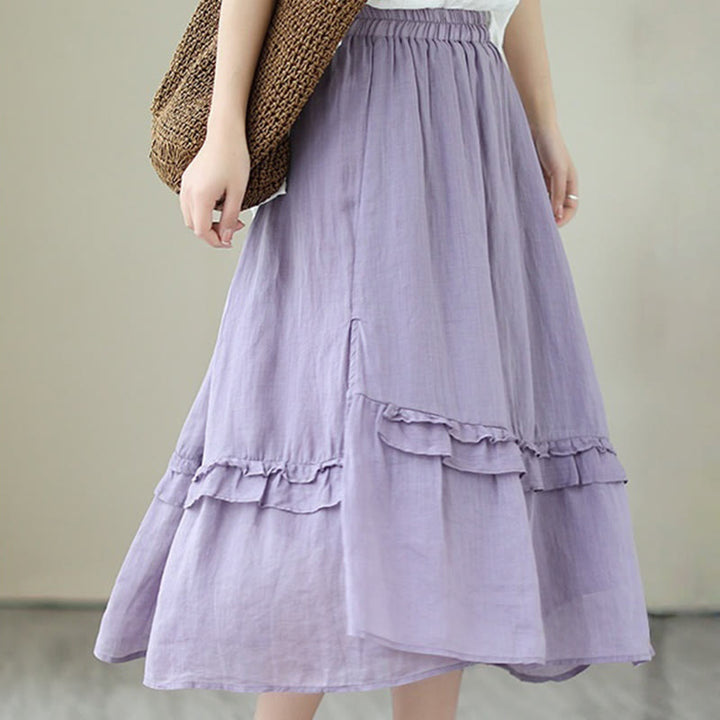 Buddha Stones Vintage Künstlerischer Reiner Farbiger Rüschendesign Unregelmäßiger Damenrock aus Baumwollleinen - image 15