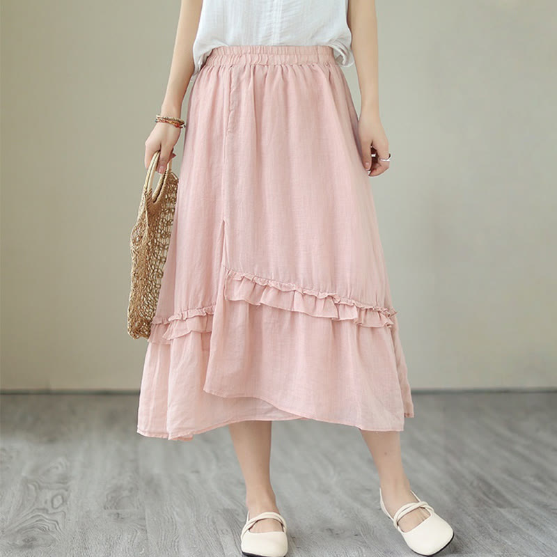 Buddha Stones Vintage Künstlerischer Reiner Farbiger Rüschendesign Unregelmäßiger Damenrock aus Baumwollleinen - Rosa - US 8-10, UK/AU 12-14, EU 40-42 (2XL) - image 6