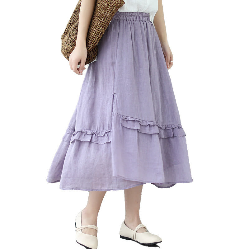 Buddha Stones Vintage Künstlerischer Reiner Farbiger Rüschendesign Unregelmäßiger Damenrock aus Baumwollleinen - image 22