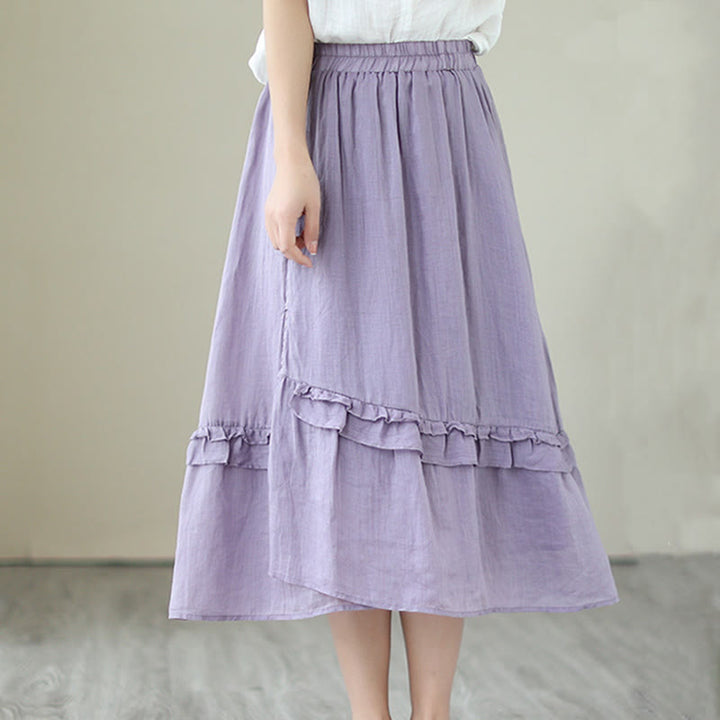 Buddha Stones Vintage Künstlerischer Reiner Farbiger Rüschendesign Unregelmäßiger Damenrock aus Baumwollleinen - image 12